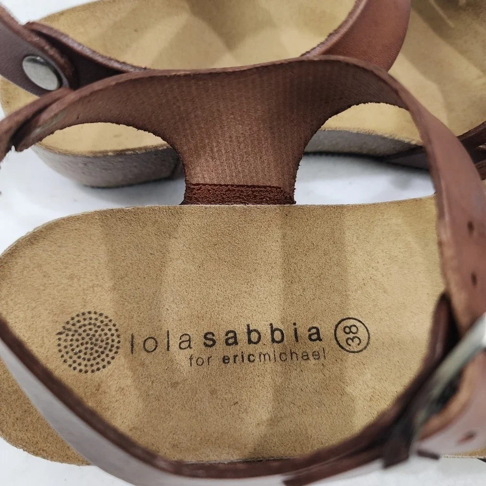 Lola Sabbia Womens Eu 38 Us 7.5 Strappy Brown Leather Buckle Wedge Heel Sandals